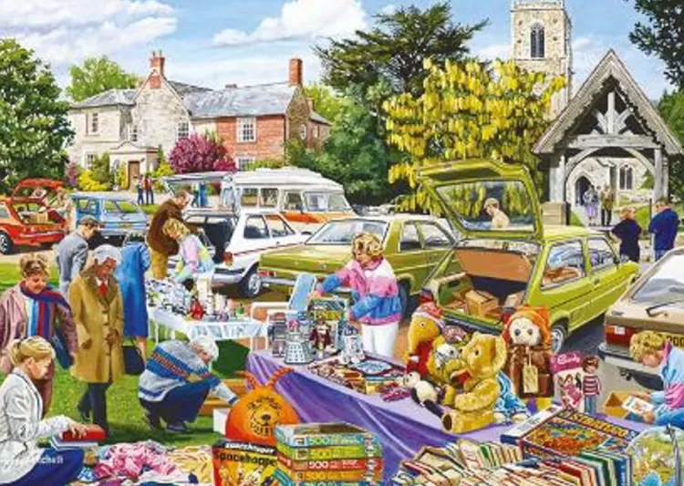 Jumbo Trains & Transport*Falcon De Luxe - Village Church Car Boot Sale - 500 Piece Jigsaw Puzzle