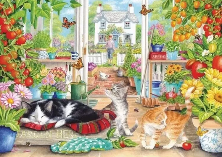 Otter House Flowers & Gardens* - Greenhouse Cats - 1000 Piece Jigsaw Puzzle