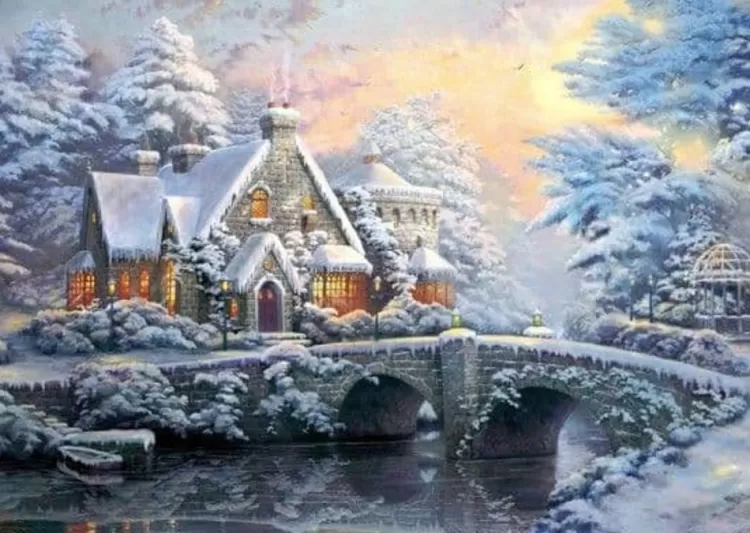 Schmidt Cottages* - Thomas Kinkade - Lamplight Manor/Winter In Lamplight Manor - 2 X 1000 Piece Jigsaw Puzzle